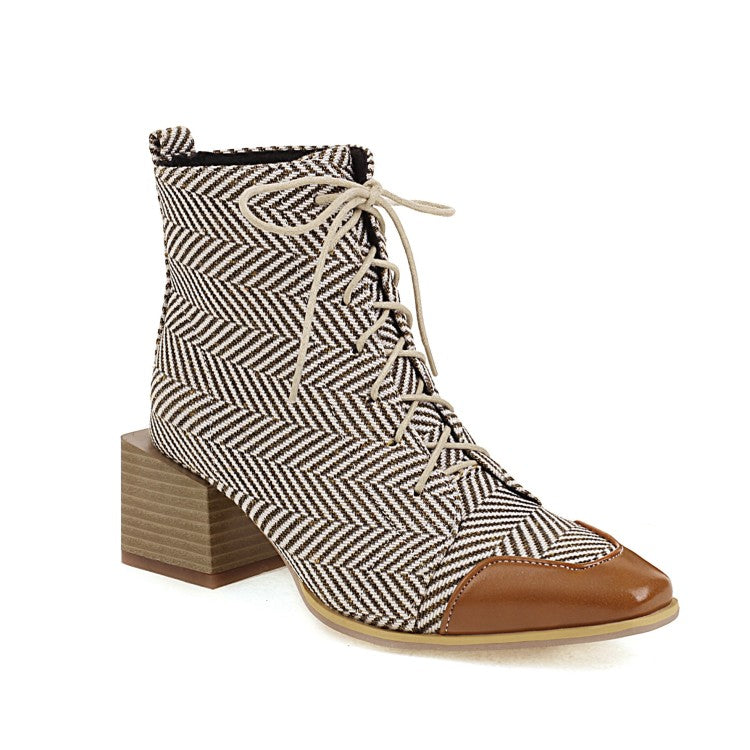 Women Bicolor Lace Up Block Low Heel Short Boots