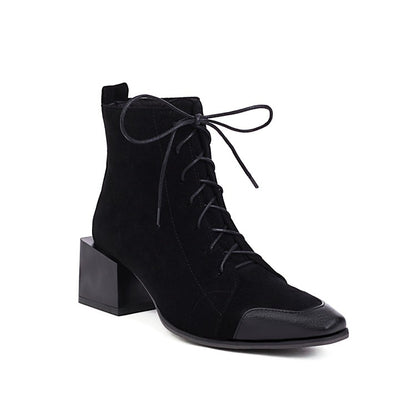 Women Bicolor Lace Up Block Low Heel Short Boots