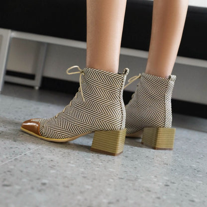 Women Bicolor Lace Up Block Low Heel Short Boots