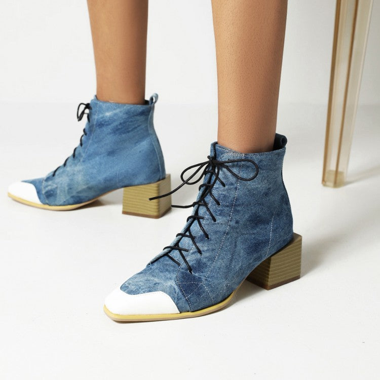 Women Bicolor Lace Up Block Low Heel Short Boots