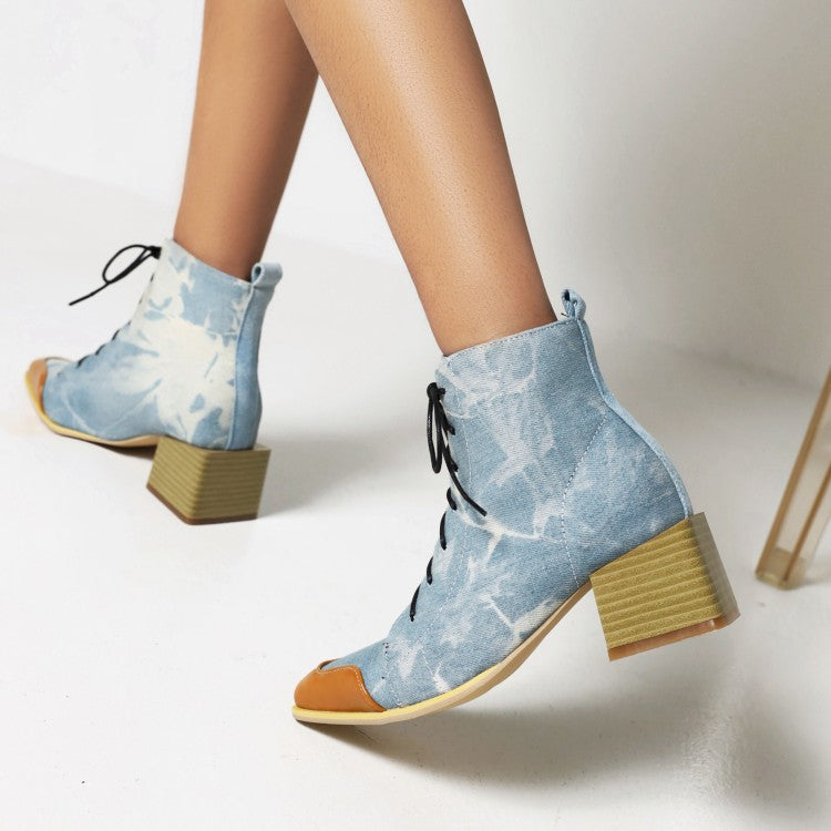 Women Bicolor Lace Up Block Low Heel Short Boots