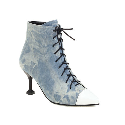 Women Tie Dye Pointed Toe Patchwork Lace Up Stiletto Heel Short Boots