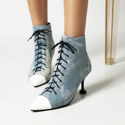 Women Tie Dye Pointed Toe Patchwork Lace Up Stiletto Heel Short Boots