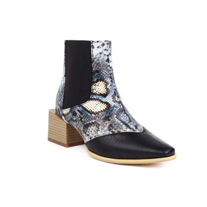 Women Animal Pattern Patchwork Pointed Toe Block Heel Short Boots