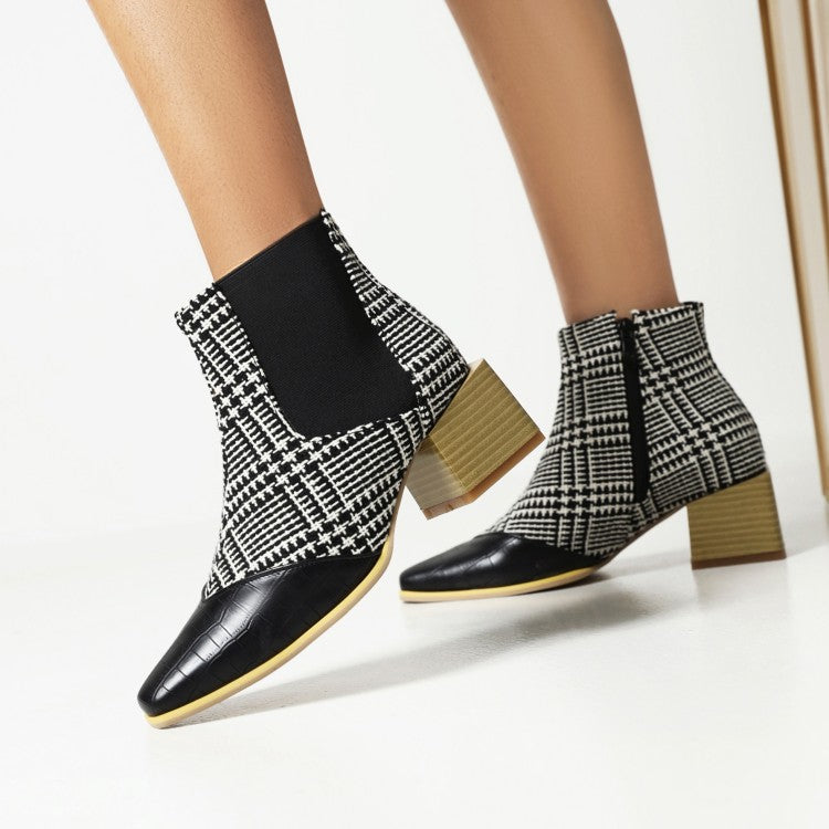 Women Animal Pattern Patchwork Pointed Toe Block Heel Short Boots