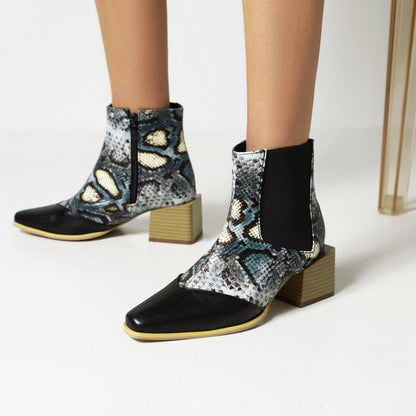 Women Animal Pattern Patchwork Pointed Toe Block Heel Short Boots