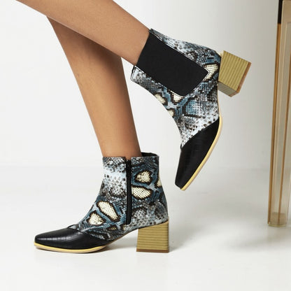 Women Animal Pattern Patchwork Pointed Toe Block Heel Short Boots