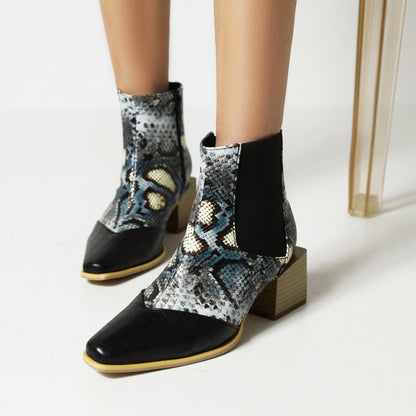 Women Animal Pattern Patchwork Pointed Toe Block Heel Short Boots