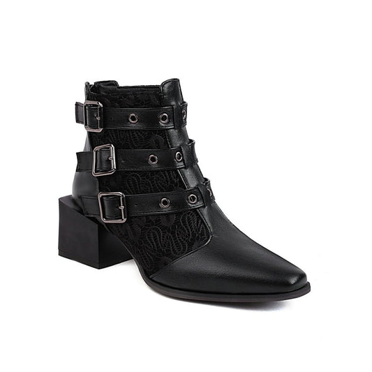 Women Bicolor Pu Leather Pointed Toe Buckles Block Heel Short Boots