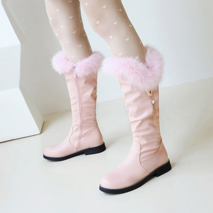 Women Zipper Fur Low Heel Mid Calf Boots