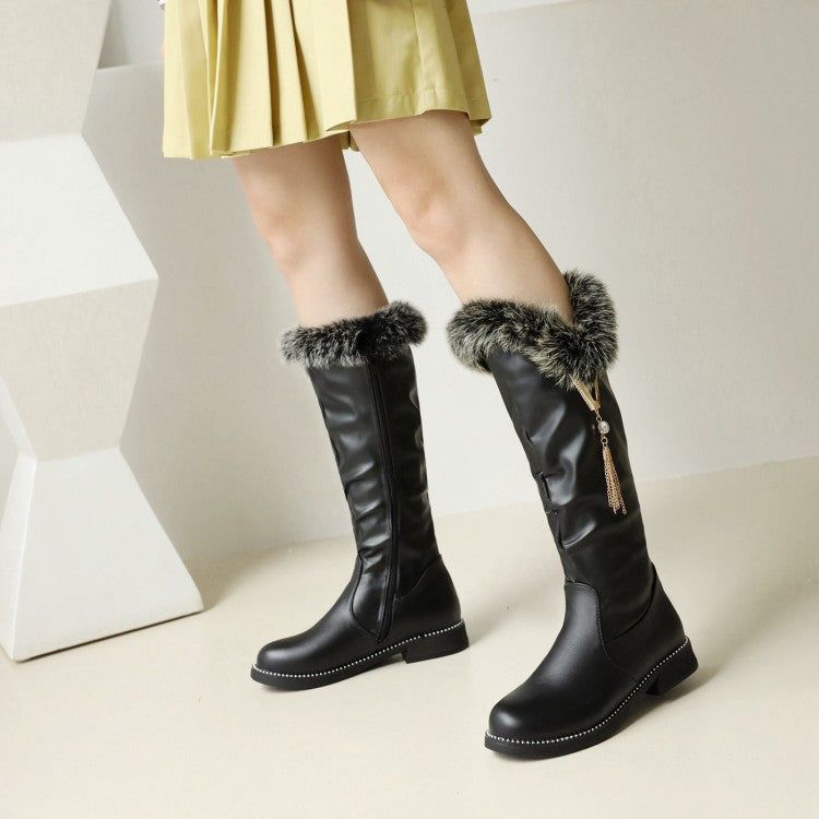 Women Zipper Fur Low Heel Mid Calf Boots