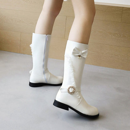 Women Rhinestone Pearl Low Heel Mid Calf Boots