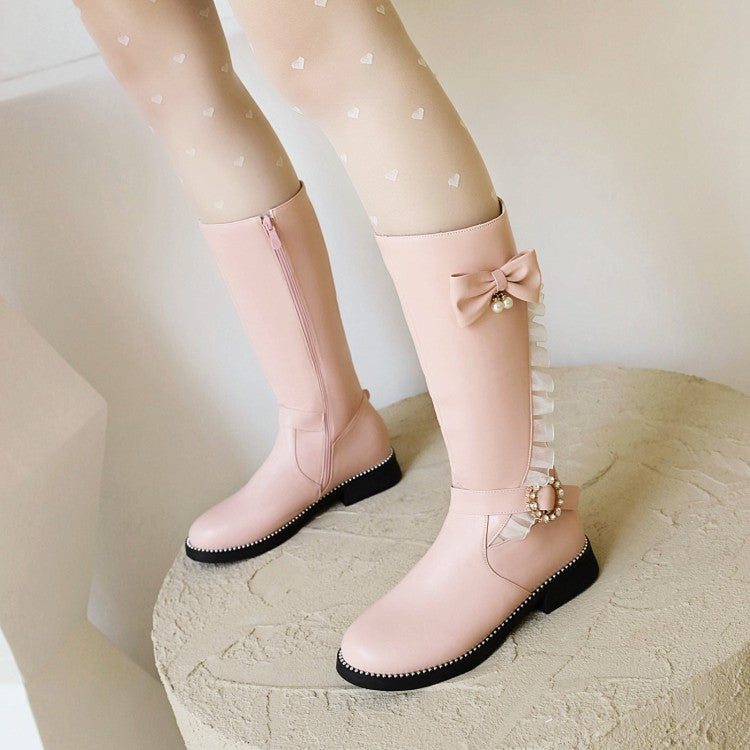 Women Rhinestone Pearl Low Heel Mid Calf Boots