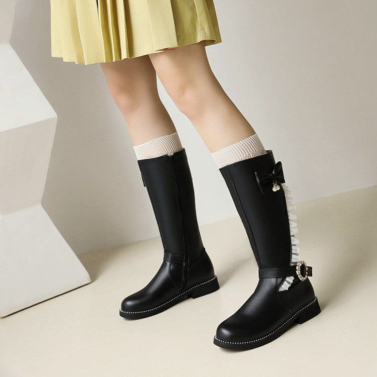 Women Rhinestone Pearl Low Heel Mid Calf Boots