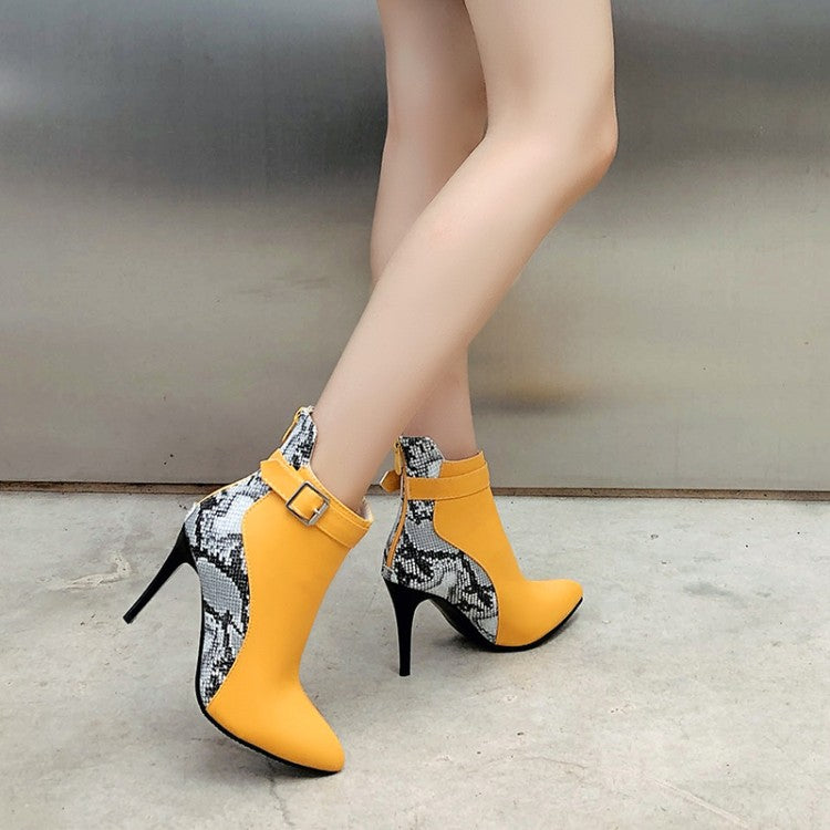 Women Pointed Toe Snake-print High Heel Short Boots