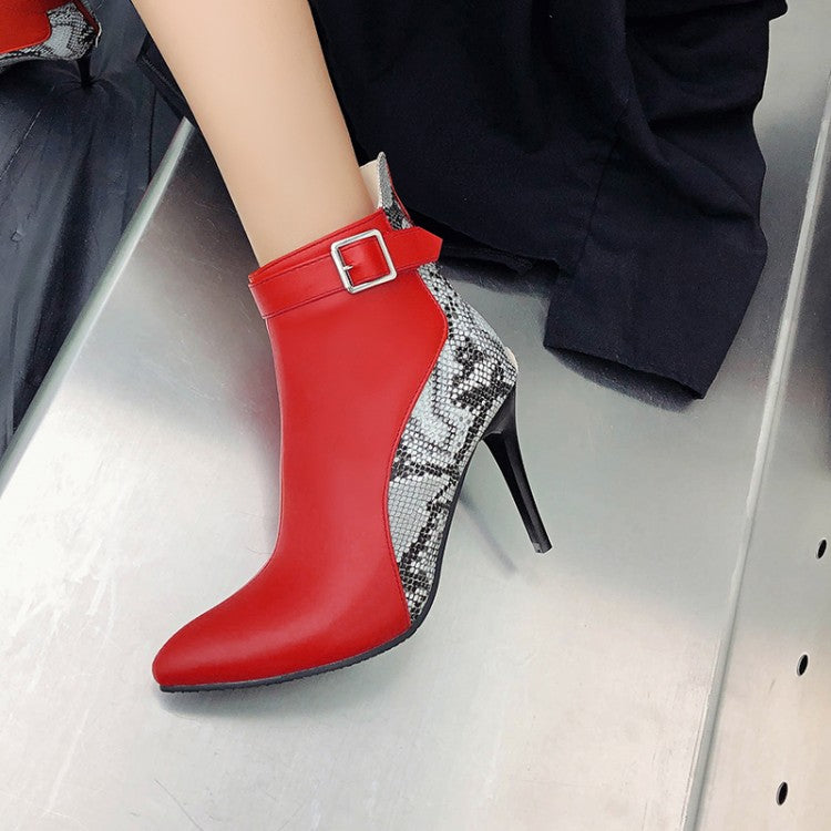 Women Pointed Toe Snake-print High Heel Short Boots