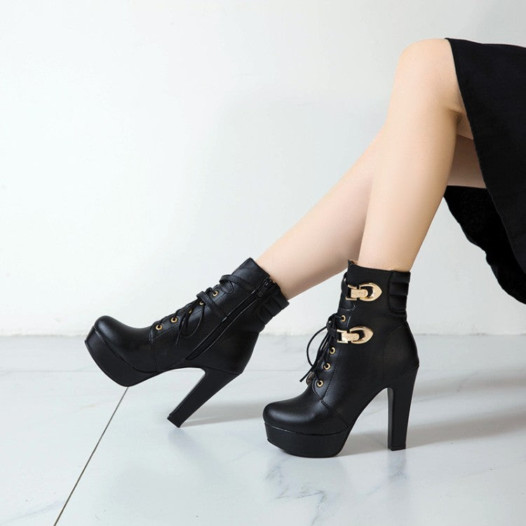 Women Lace Up High Heel Short Boots