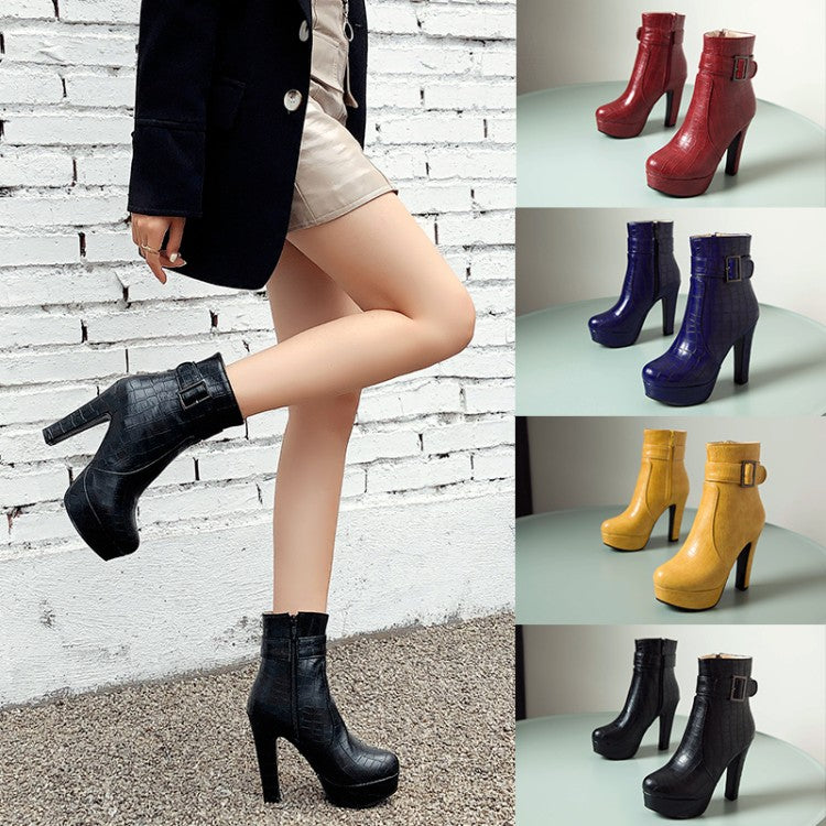 Women Buckle Platform High Heel Short Boots