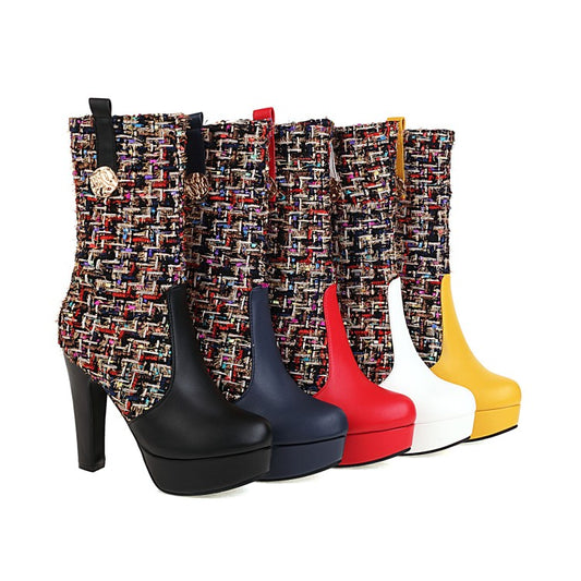 Women Color Blocking High Heel Platform Short Boots