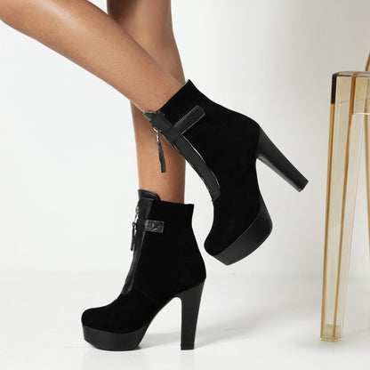 Women Zipper Block High Heel Short Boots