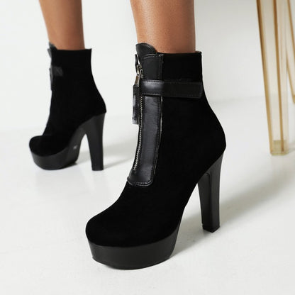 Women Zipper Block High Heel Short Boots