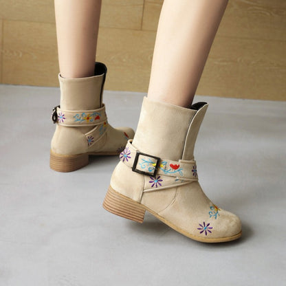 Women Embroidery Printing Low Heel Mid Calf Boots