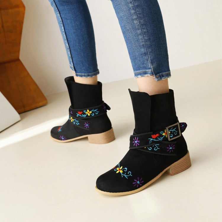 Women Embroidery Printing Low Heel Mid Calf Boots