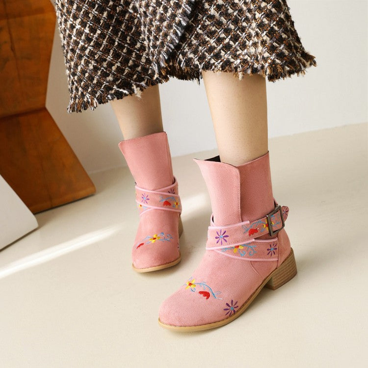 Women Embroidery Printing Low Heel Mid Calf Boots