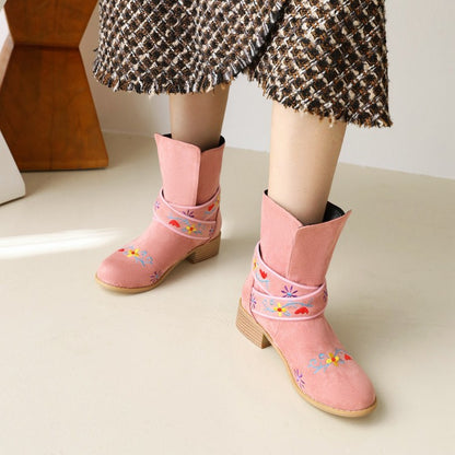 Women Embroidery Printing Low Heel Mid Calf Boots