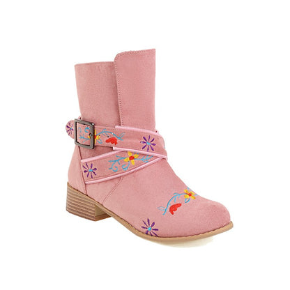 Women Embroidery Printing Low Heel Mid Calf Boots