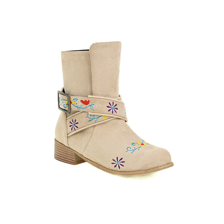 Women Embroidery Printing Low Heel Mid Calf Boots