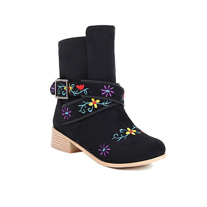 Women Embroidery Printing Low Heel Mid Calf Boots