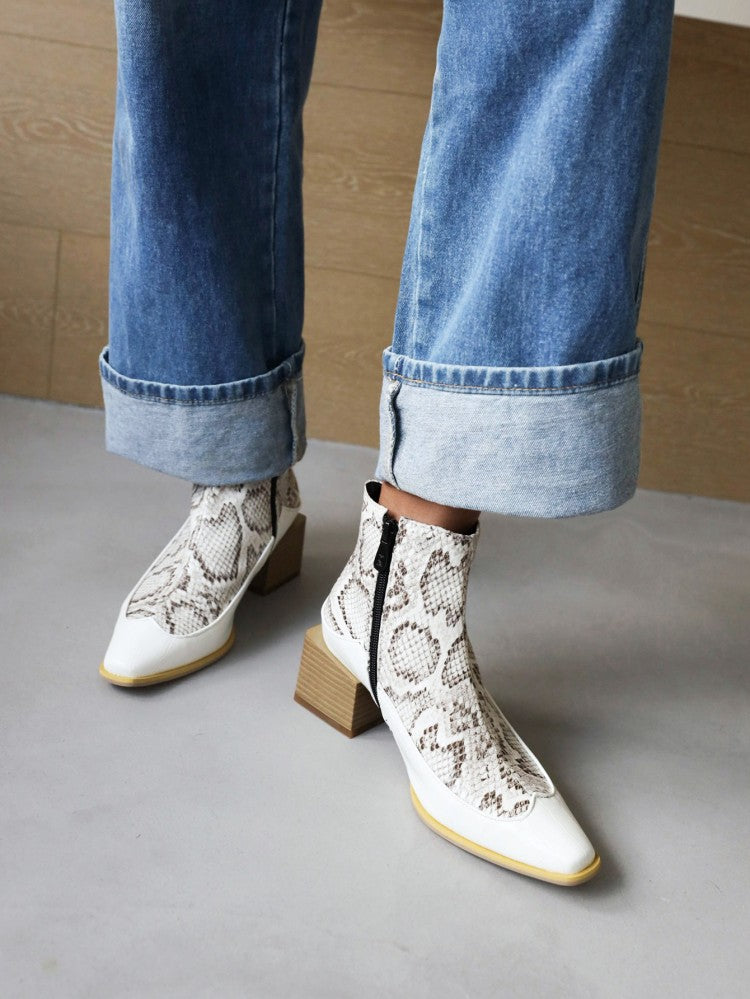 Women Pu Leather Patchwork Block Heel Short Boots