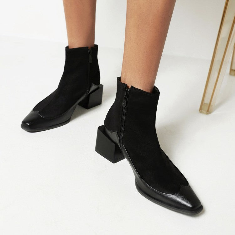 Women Pu Leather Patchwork Block Heel Short Boots