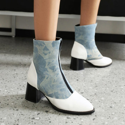 Women Bicolor Pu Leather Zippers Block Heel Short Boots