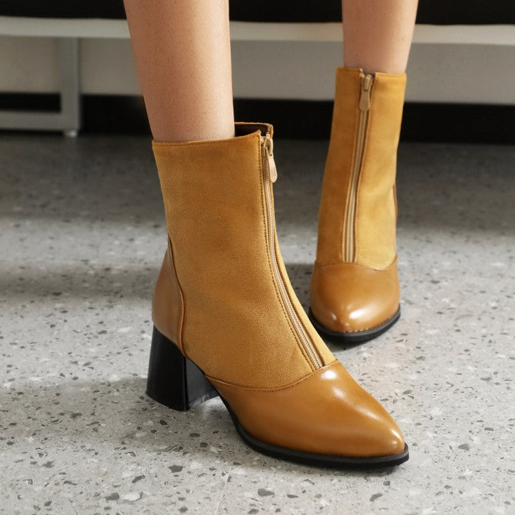 Women Bicolor Pu Leather Zippers Block Heel Short Boots