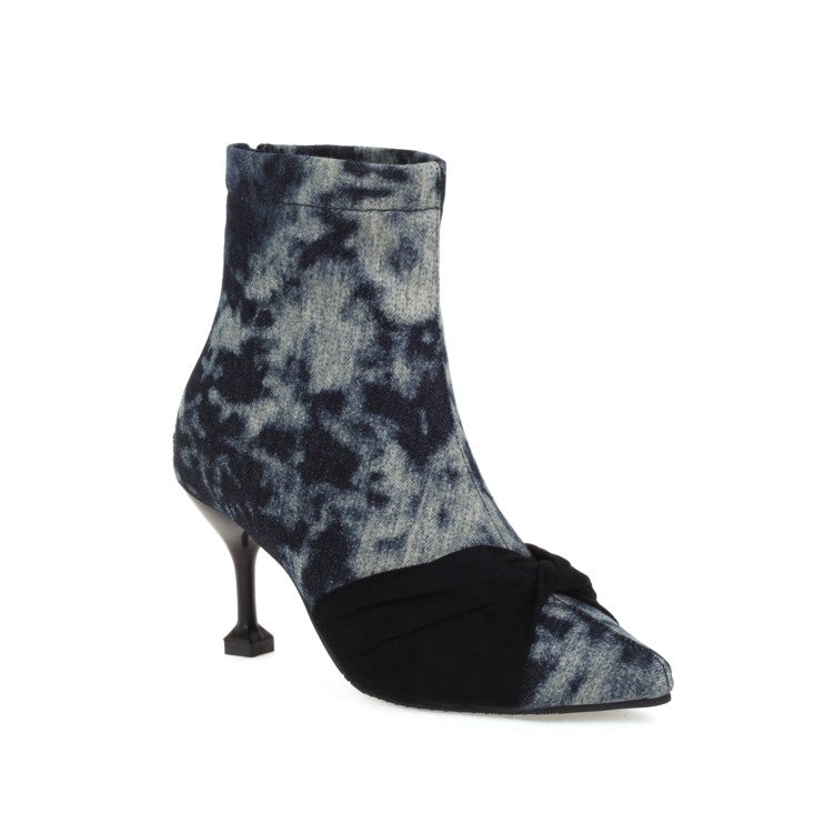 Women Tie Dye Print Pointed Toe Back Zippers Stiletto Heel Short Boots