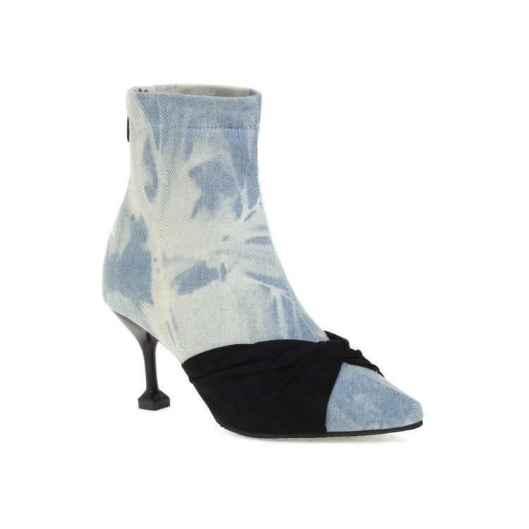 Women Tie Dye Print Pointed Toe Back Zippers Stiletto Heel Short Boots