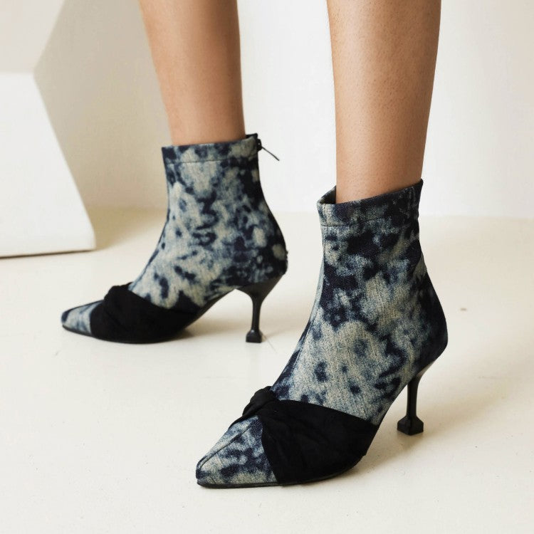 Women Tie Dye Print Pointed Toe Back Zippers Stiletto Heel Short Boots