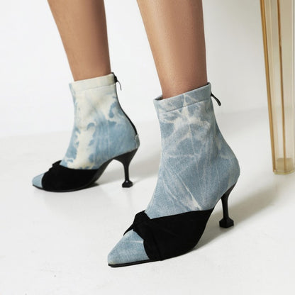 Women Tie Dye Print Pointed Toe Back Zippers Stiletto Heel Short Boots