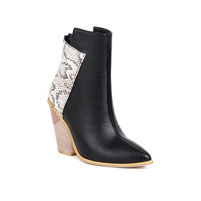 Women Pu Leather Pointed Toe Block Heel Short Boots