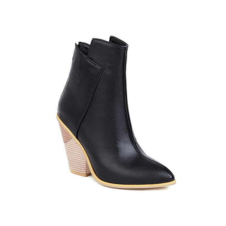 Women Pu Leather Pointed Toe Block Heel Short Boots