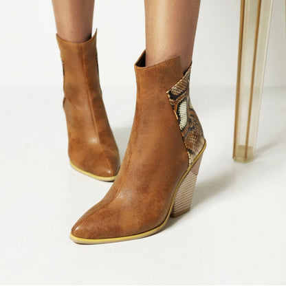 Women Pu Leather Pointed Toe Block Heel Short Boots