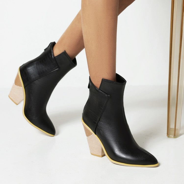 Women Pu Leather Pointed Toe Block Heel Short Boots