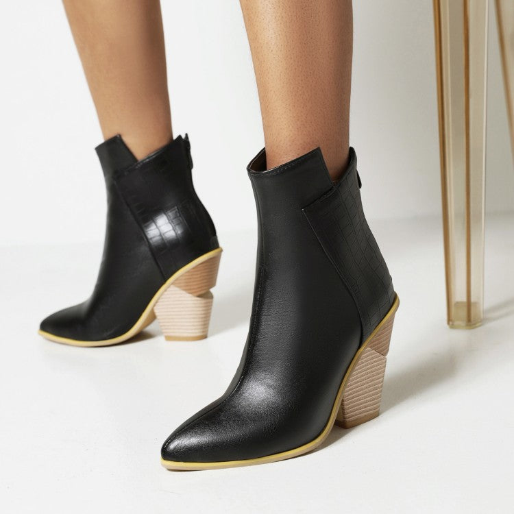 Women Pu Leather Pointed Toe Block Heel Short Boots