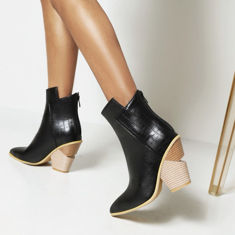 Women Pu Leather Pointed Toe Block Heel Short Boots