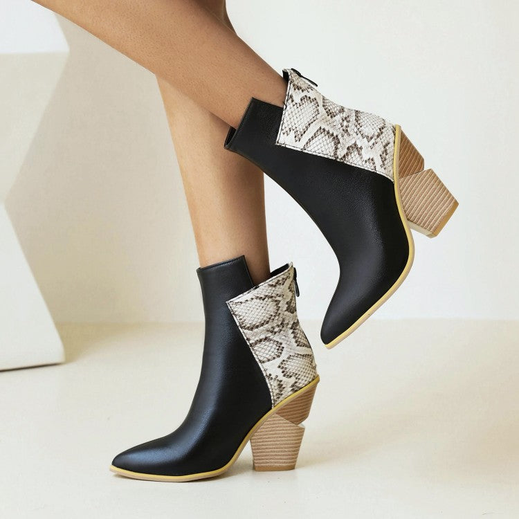 Women Pu Leather Pointed Toe Block Heel Short Boots