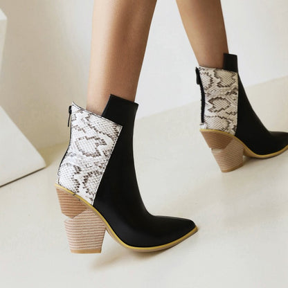 Women Pu Leather Pointed Toe Block Heel Short Boots