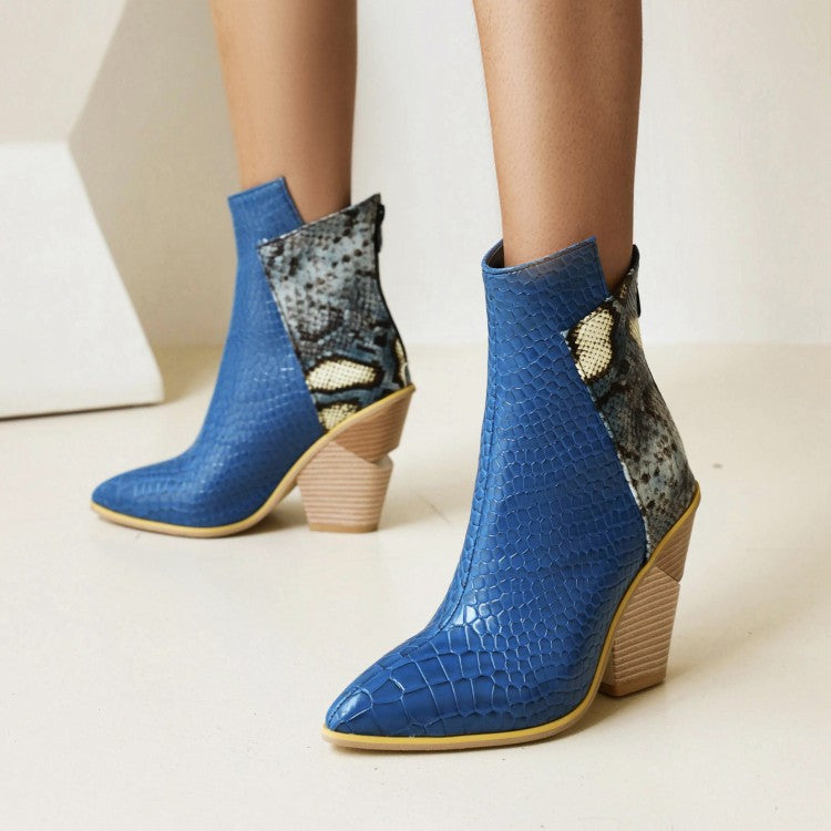 Women Pu Leather Pointed Toe Block Heel Short Boots