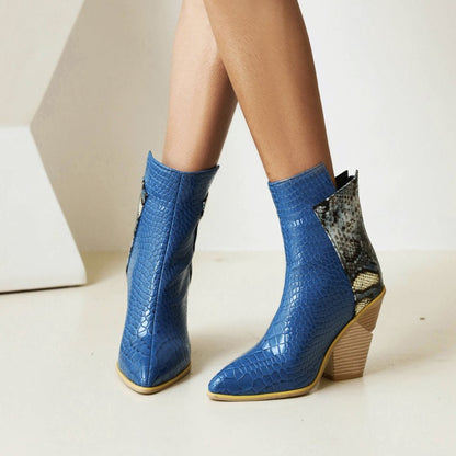 Women Pu Leather Pointed Toe Block Heel Short Boots